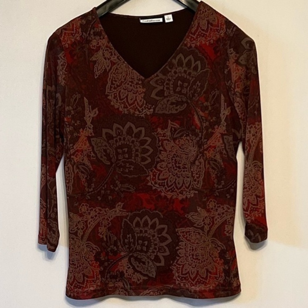 Croft & Barrow, woman’s floral print V neck, polyester & Nylon, size L